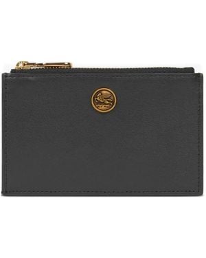 Etro Leather Card Holder With Pegaso Button - Grey