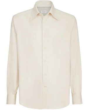 Brunello Cucinelli Stukgeverfd Twill Overhemd Met Italiaanse Kraag En Borstzak - Wit
