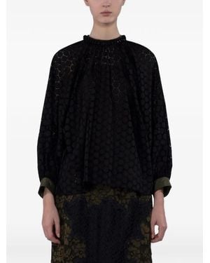 Biyan Gathered Neckline Eyelet Blouse - Black