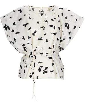 Alysi Leaf-Print Tie Blouse - White