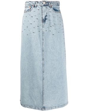 Ana Radu Crystal-Embellished Washed Denim Midi Skirt - Blue