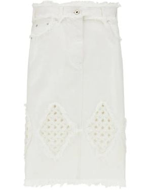 Ferragamo Frayed-Edge Diamond-Embroidered Midi Skirt - White