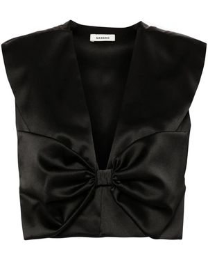 Sandro Satin Bow Cropped Top - Black