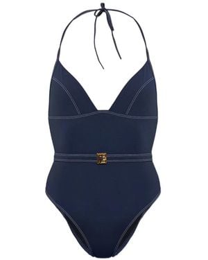 Balmain Belted Contrast-Stitch Swimsuit - Blue