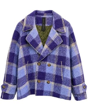 KAWAKEY Check-Pattern Double-Breasted Peacoat - Purple