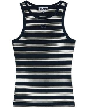 Ganni Striped Embroidered-Logo Top - Black