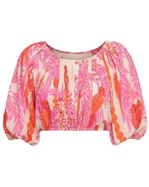 Poupette Palm-Leaf Print Puff-Sleeve Top - Red