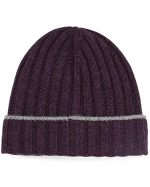 Brunello Cucinelli Ribbed-Knit Striped-Edge Beanie Hat - Purple