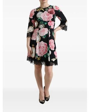 Dolce & Gabbana Lace-Trimmed Floral-Print Midi Dress - Black