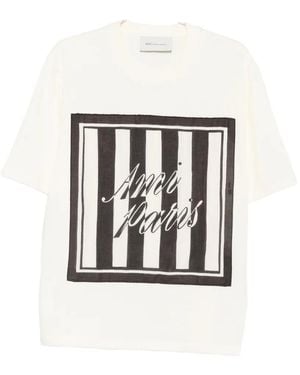 Ami Paris Logo-Print Striped Vintage-Denim Patch T-Shirt - White