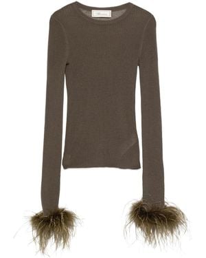 Blumarine Feather-Trimmed Long-Sleeved T-Shirt - Green