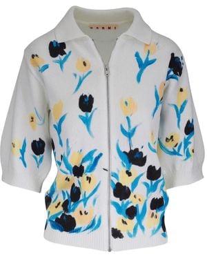 Marni Floral-Print Zip-Up Cardigan - Blue