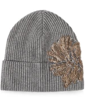 Brunello Cucinelli Cashmere Ribbed Beanie With Whispering Bloom Embroidery - Grey