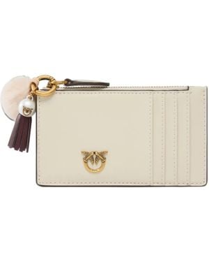 Pinko Leather Card Holder With Tassel And Pompom - Natural