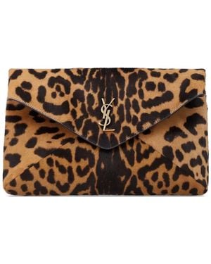 Saint Laurent Large Cassandre Animal-Print Clutch Bag - Brown