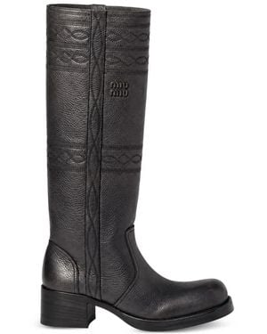 Miu Miu Bottes En Cuir À Broderies - Black