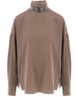 Brunello Cucinelli Beaded-Neck High-Neck Blouse - Brown