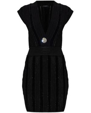 Balmain Embellished-Chest V-Neck Dress - Black