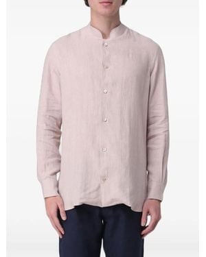 Eleventy Band-Collar Linen Shirt - Pink
