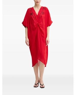 Lola Casademunt Bead-Embellished Twist-Detail Midi Dress - Red