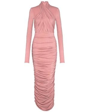 Balmain Cross-Neck Pleated Midi Dress - Pink