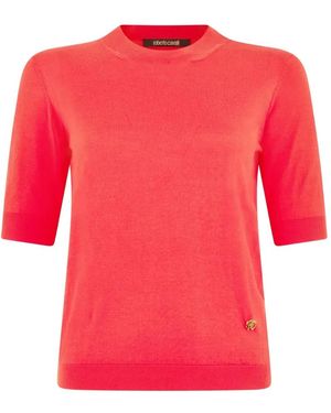 Roberto Cavalli Logo-Plaque Short-Sleeve Jumper - Red