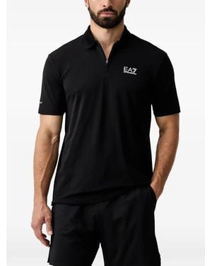 EA7 Logo-Print Zip-Neck Polo Shirt - Black
