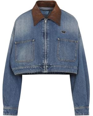 Prada Leather-Collar Denim Jacket - Blue