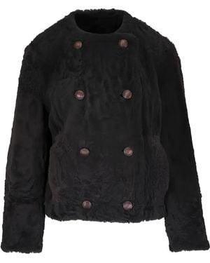 Brunello Cucinelli Shearling-Leather Reversible Pea Coat - Black