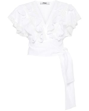 Pink Lace-Trimmed Linen Blouse - White