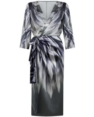 Alberta Ferretti Feather-Print Belted Midi Dress - Gray