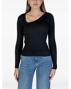 Vila Ribbed Asymmetric-Neck Top - Black