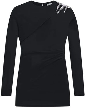 Area Crystal Draped Long-Sleeve Mini Dress - Black