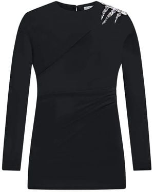 Area Crystal Draped Long-Sleeve Mini Dress - Black