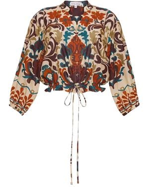 Cara Cara Damask-Print Drawstring Top - White