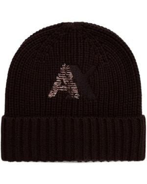 ARMANI EXCHANGE Sequin-Logo Ribbed-Knit Beanie Hat - Black