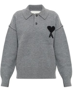 Ami Paris Ami De Coeur Wool Polo Shirt - Gray