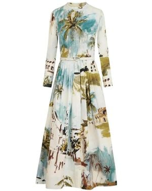 Oscar de la Renta Dominican Landscape Cotton Poplin Short-Sleeve Dress - White