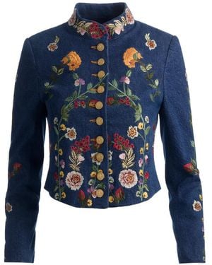 Alice + Olivia Emmerson Floral-Embroidered Buttoned Denim Jacket - Blue