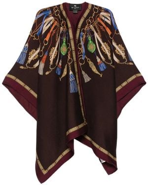 Etro Tassel-Print Silk-Trim Cape - Brown