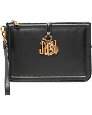 Just Cavalli Logo-Plaque Leather Clutch Bag - Black