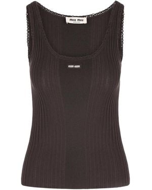 Miu Miu Ribbed-Knit Crocheted-Trim Top - Black