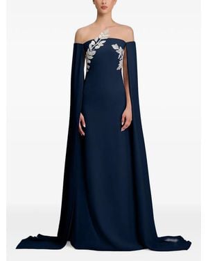 Cristallini Kassandra Leaf-Embellished Cape-Sleeve Maxi Dress - Blue