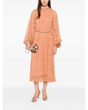 Zimmermann Lace-Overlay Ruffled Midi Dress - Orange