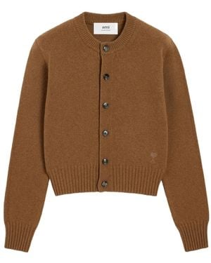 Ami Paris Cropped Cashmere Blend Cardigan With Button-Down Front - Brown