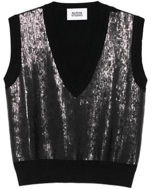 Alpha Studio Sequin-embellished V-neck Knitted Top - ブラック