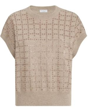 Brunello Cucinelli Kaschmir-Top Mit Funkelnder Windowpane-Stickerei - Weiß