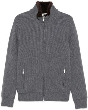 Barba Napoli Fur-Trim Ribbed-Knit Jacket - Grey
