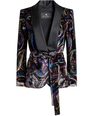 Etro Velvet Jacket With Belt And Paisley Foliage Motif - Black