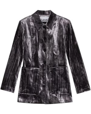 Ganni Striped Velvet-Finish Blazer - Black